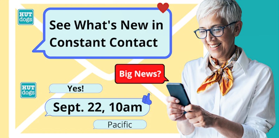 Constant Contact webinar banner for HUTdogs showing woman with glasses on her phone with texting bubbles