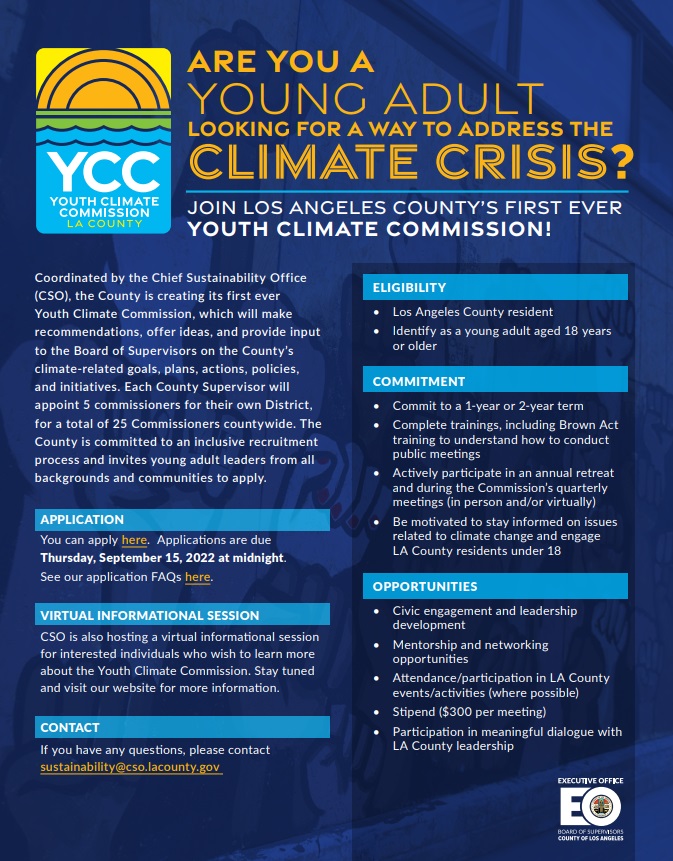 Youth Climate Commission flyer in blue and yellow
