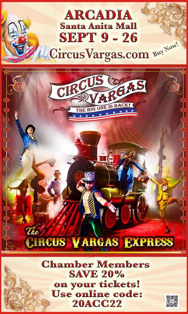 poster for Circus Vargas showing a ring master in front of a train with performers behind him against a red background