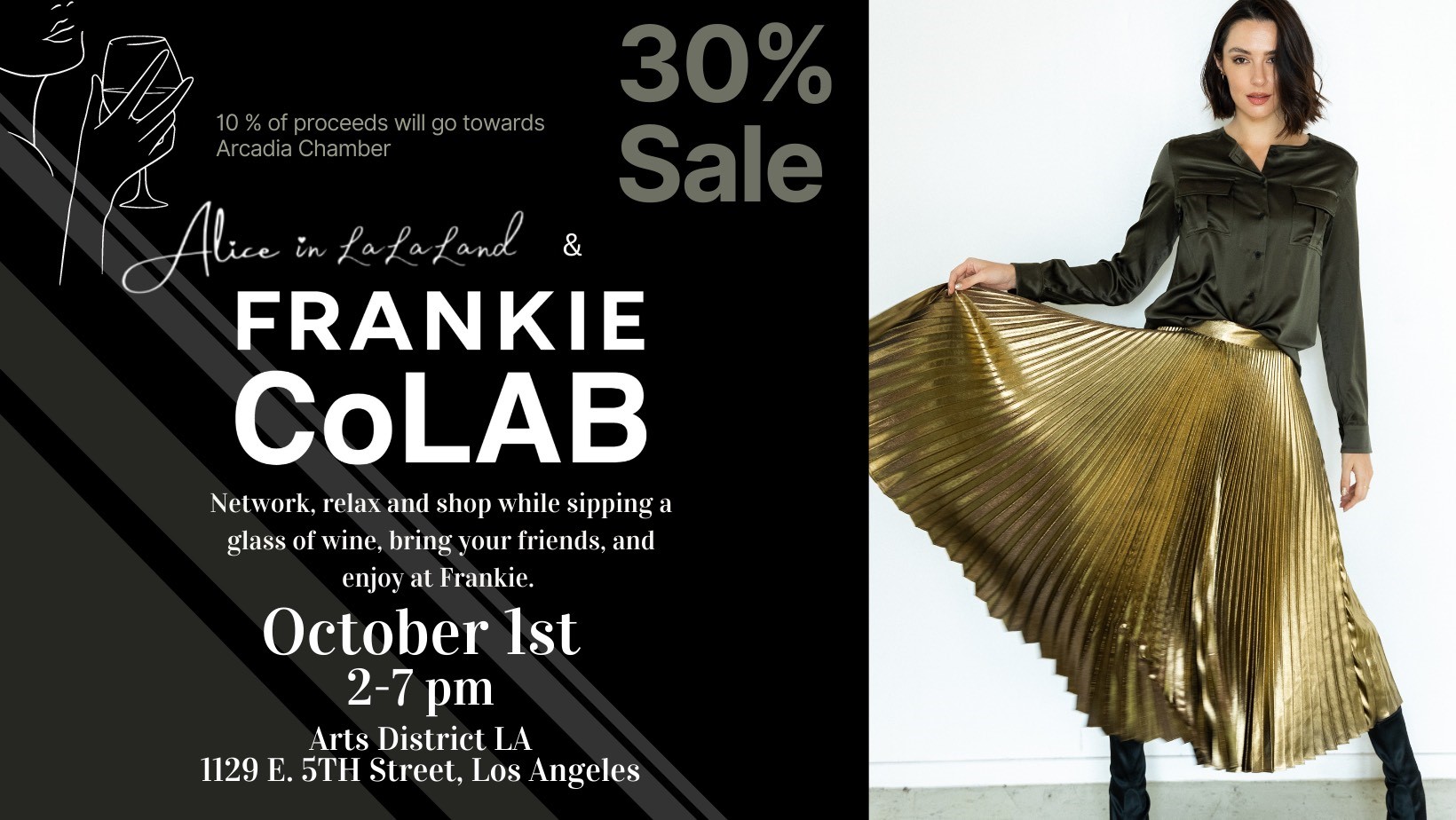 Frankie CoLAB fashion flyer showing a woman in a gold skirt and black top 