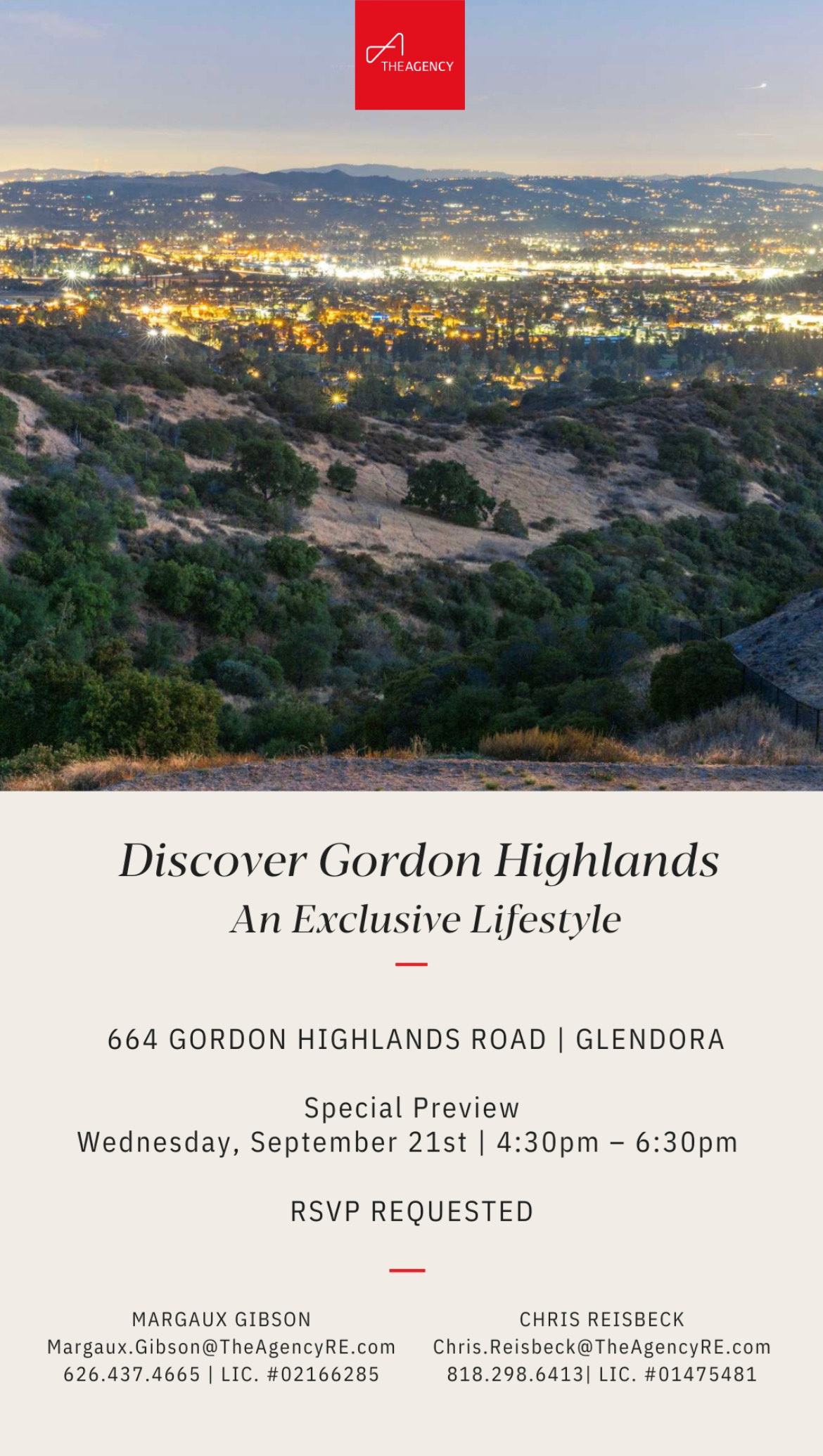 Margaux Gibson Gordon Highlands event flyer showing view of the valley with lights on in homes below 