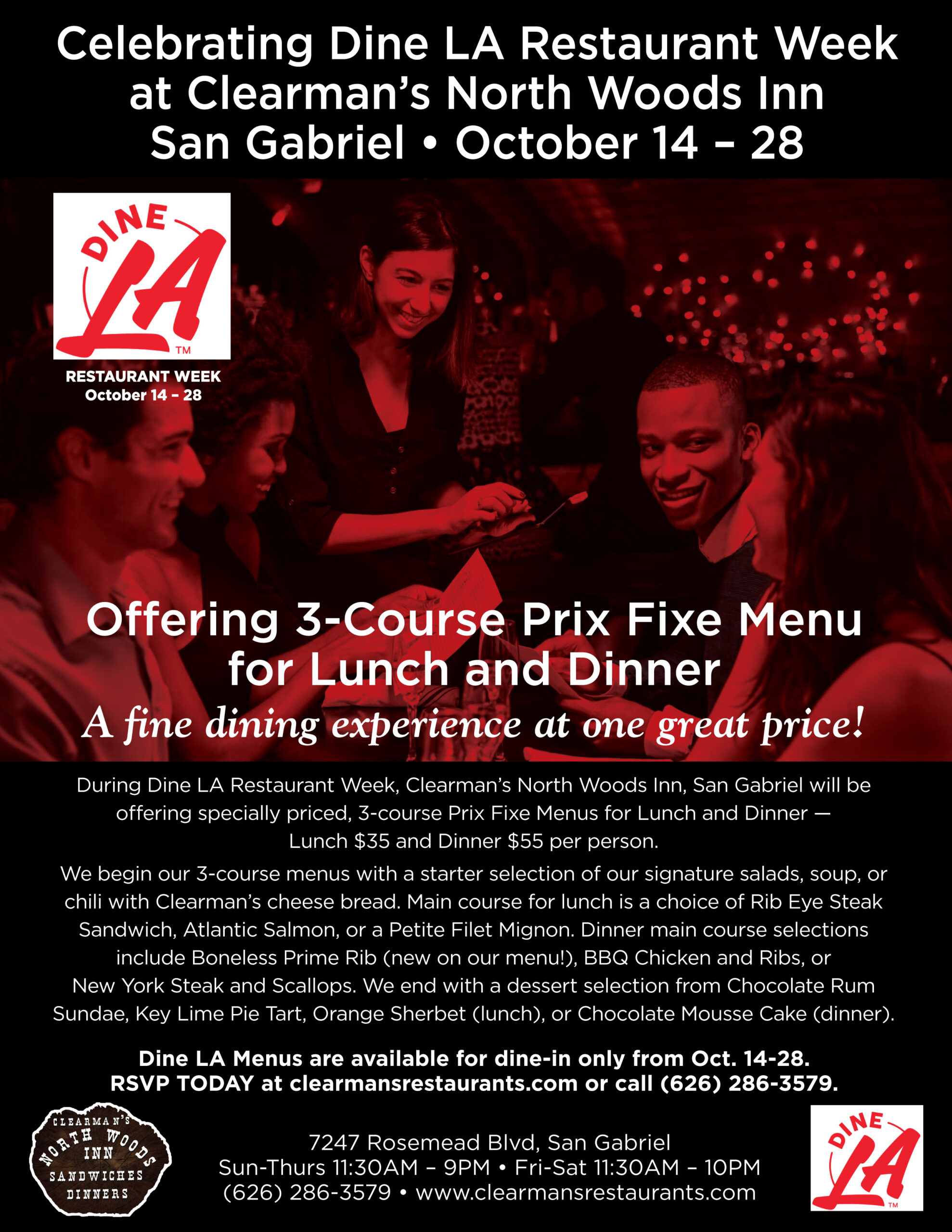 black flyer with red lettering and Dine LA logo showing people eating dinner with red tinted lighting 
