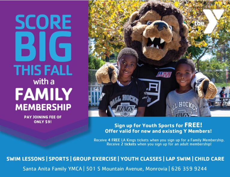 Santa Anita Family YMCA September promo showing bear mascot with children