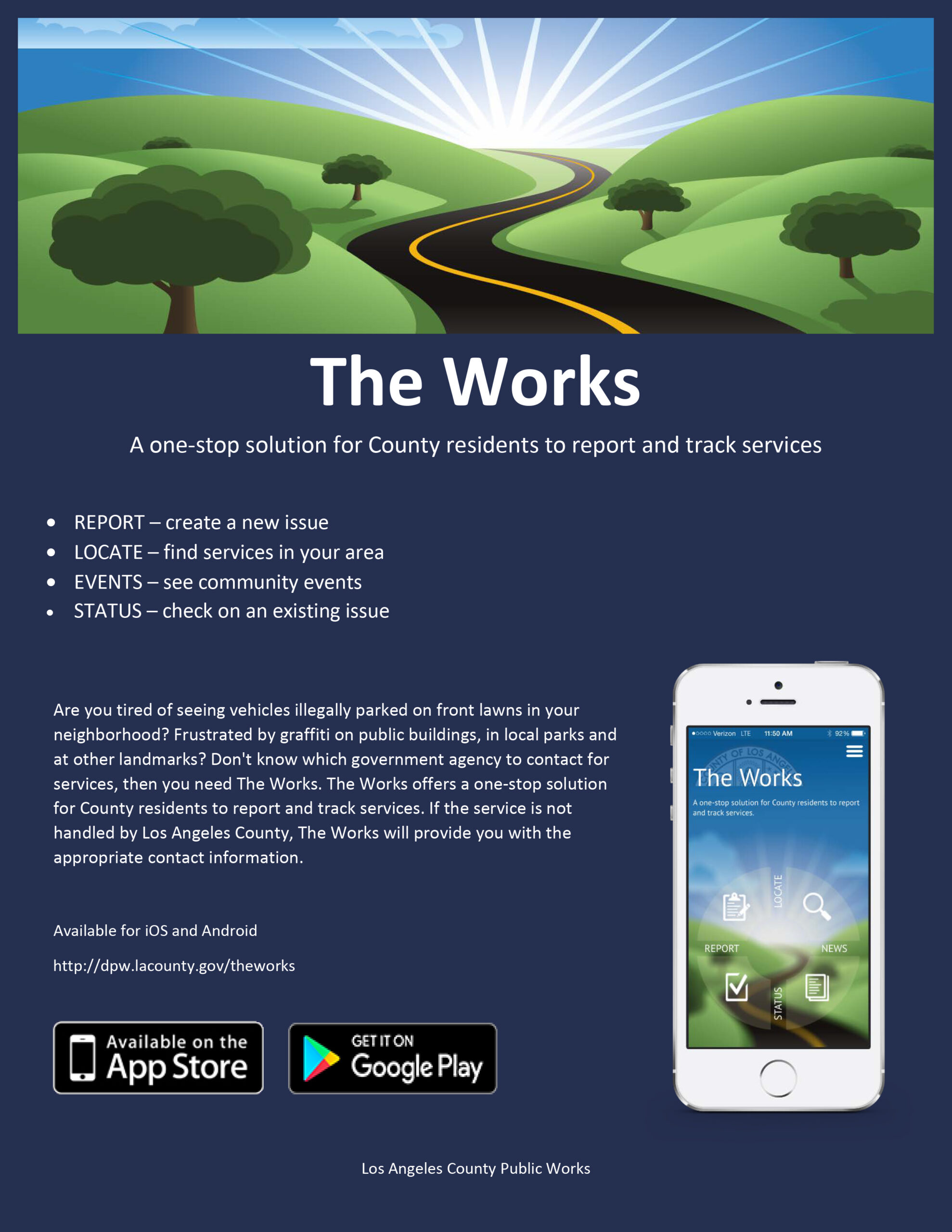 Public Works blue background flyer showing cell phone at the bottom right and a road through the mountains at the top