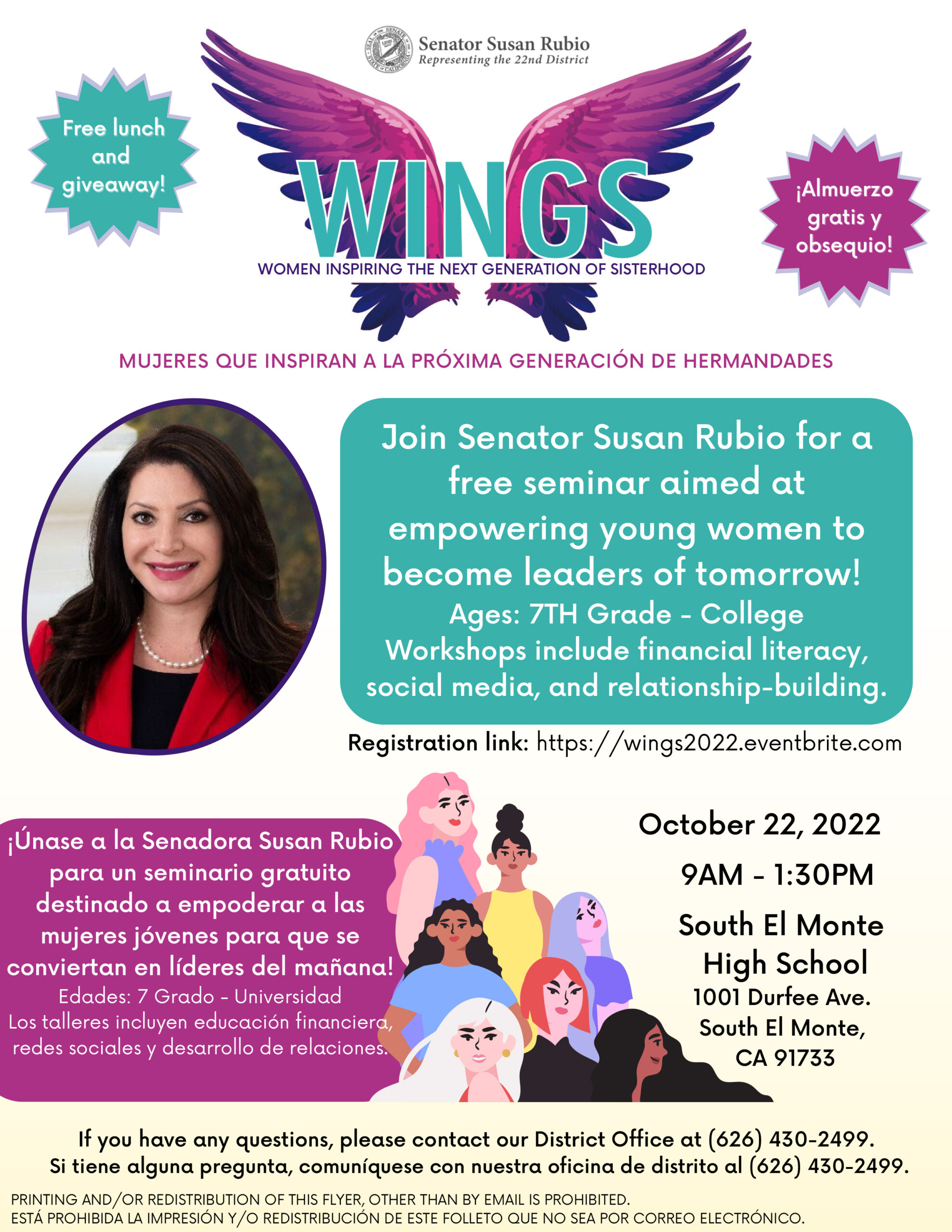 Senator Susan Rubio WINGS flyer with pink wings behind green lettering saying Wings and Senator;s pictures in a circle