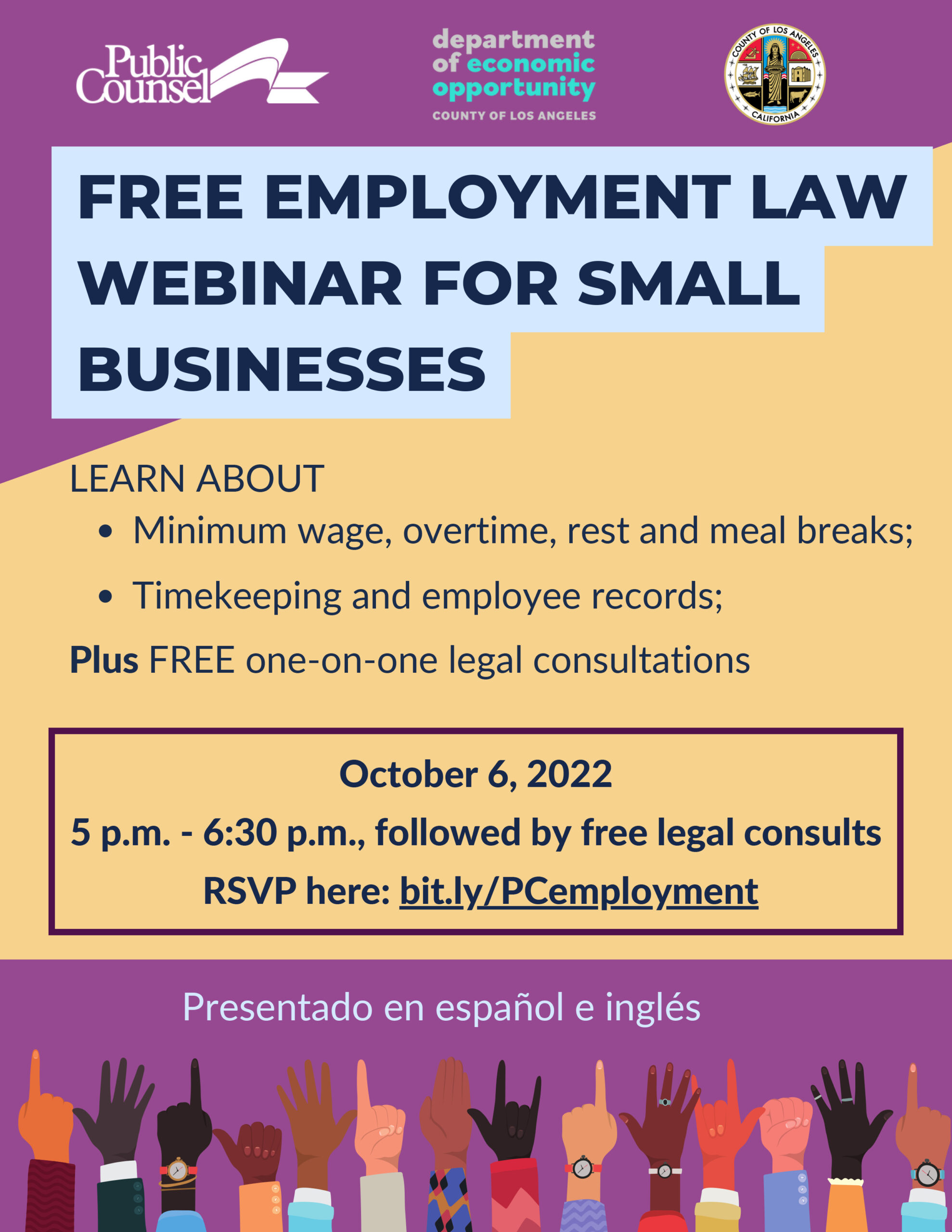 Wage Justice Free Employment Law Webinar for Small Businesses flyer of info in English