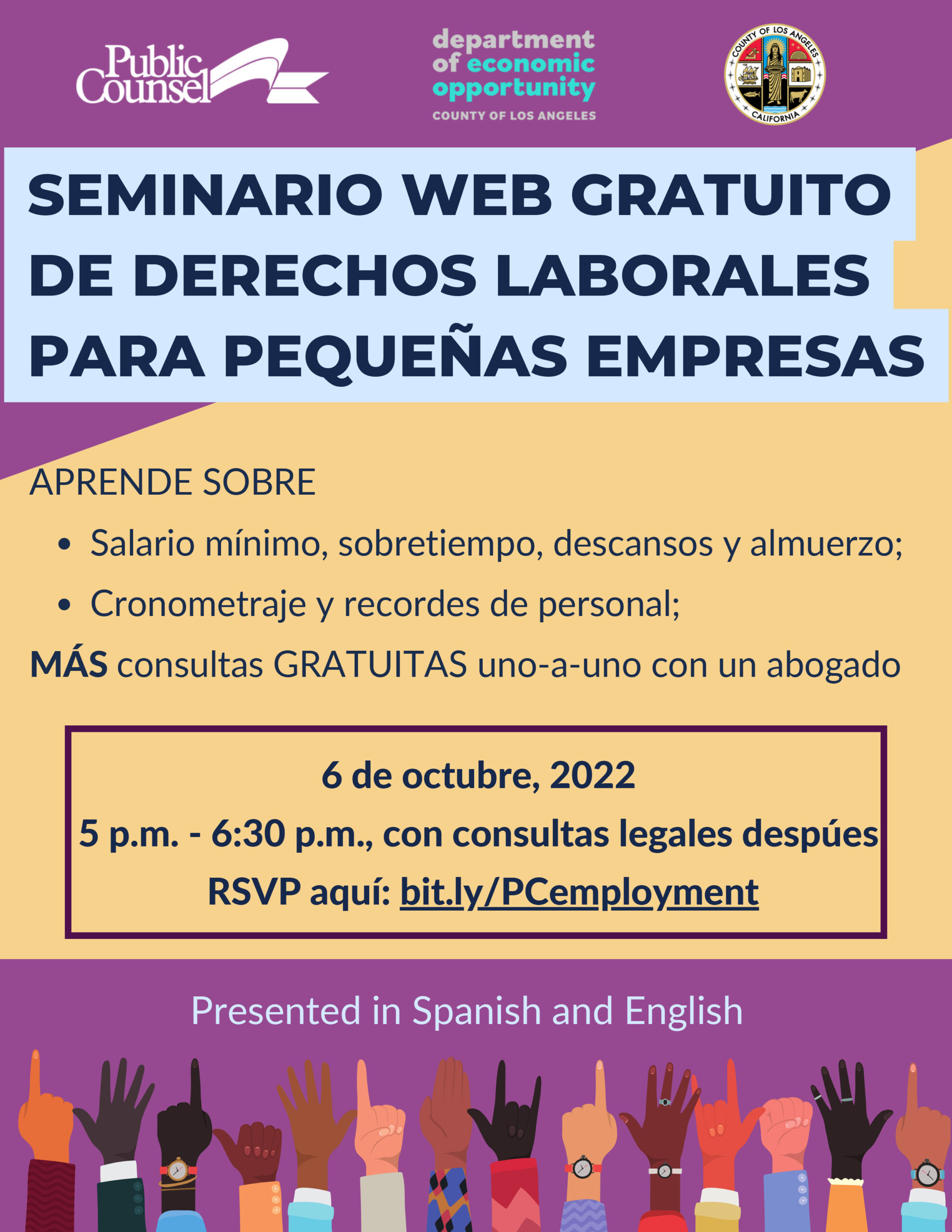 seminario web gratuito de derechos laborales para pequences empreses webinar flyer