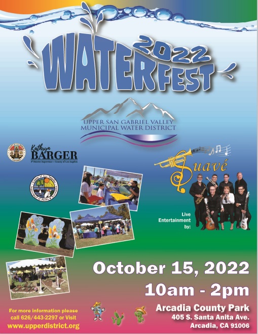 2022 Waterfest flyer showing multiple photos of booths and a band on a blue, green and red background