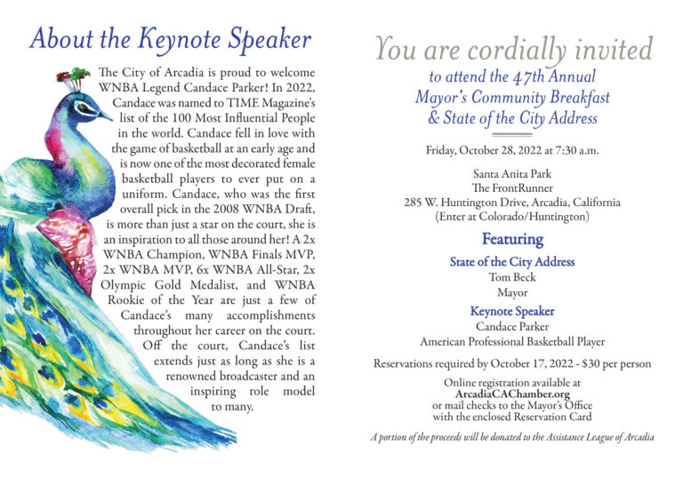 Mayor's Breakfast invite with peacock and info on Candace Parker