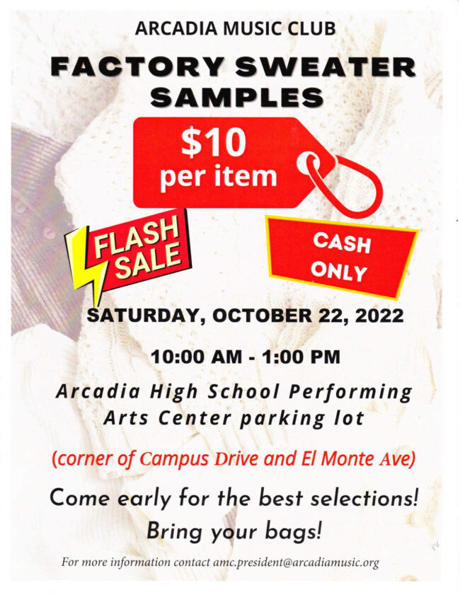 Arcadia Music Club hosts Factory Sample Sweater sale