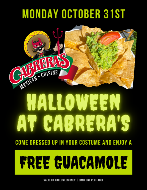 Cabrera's Halloween free guacamole on October 31st