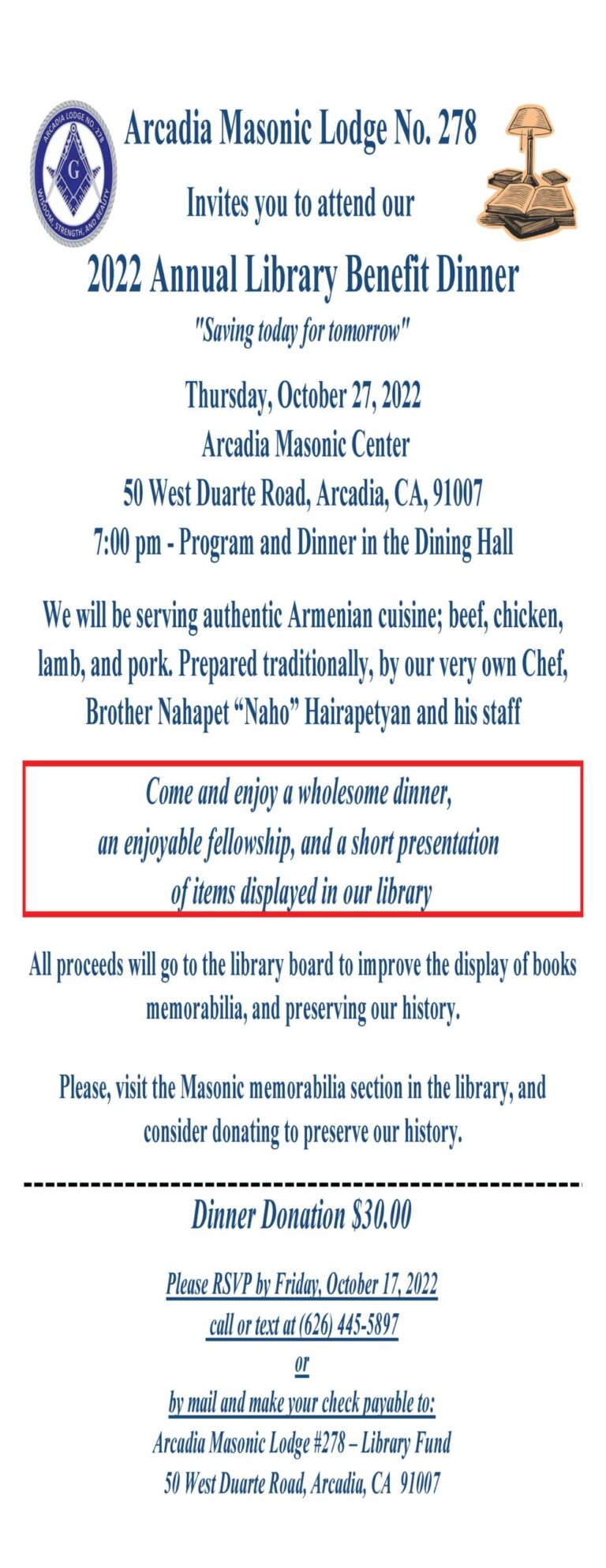 Masonic Lodge Annual Dinner for Oct 27
