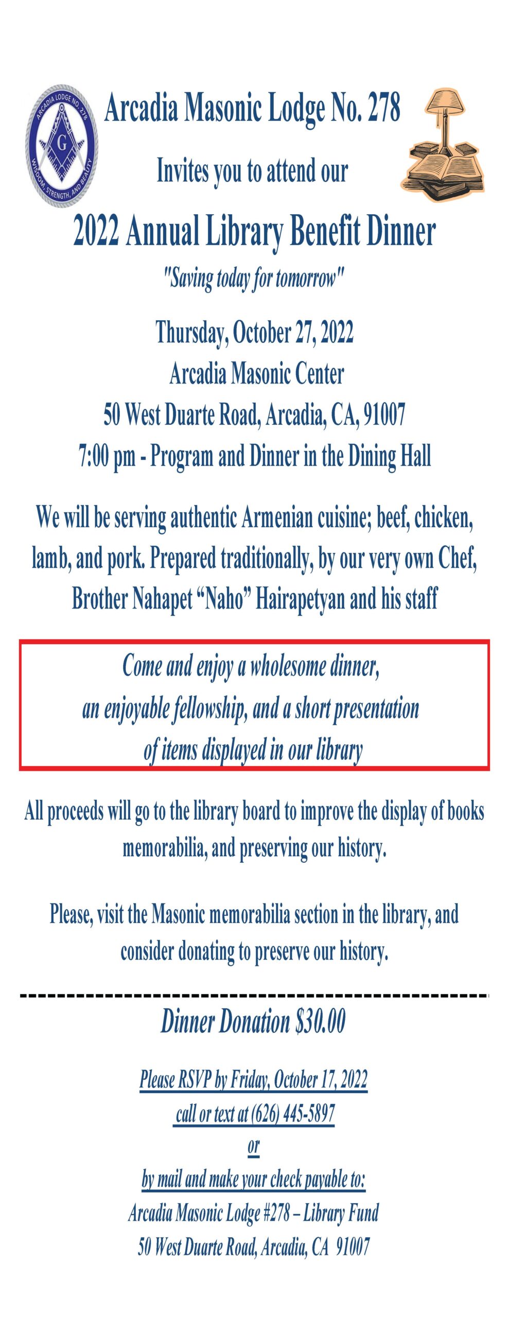 Masonic Lodge Annual Dinner for Oct 27