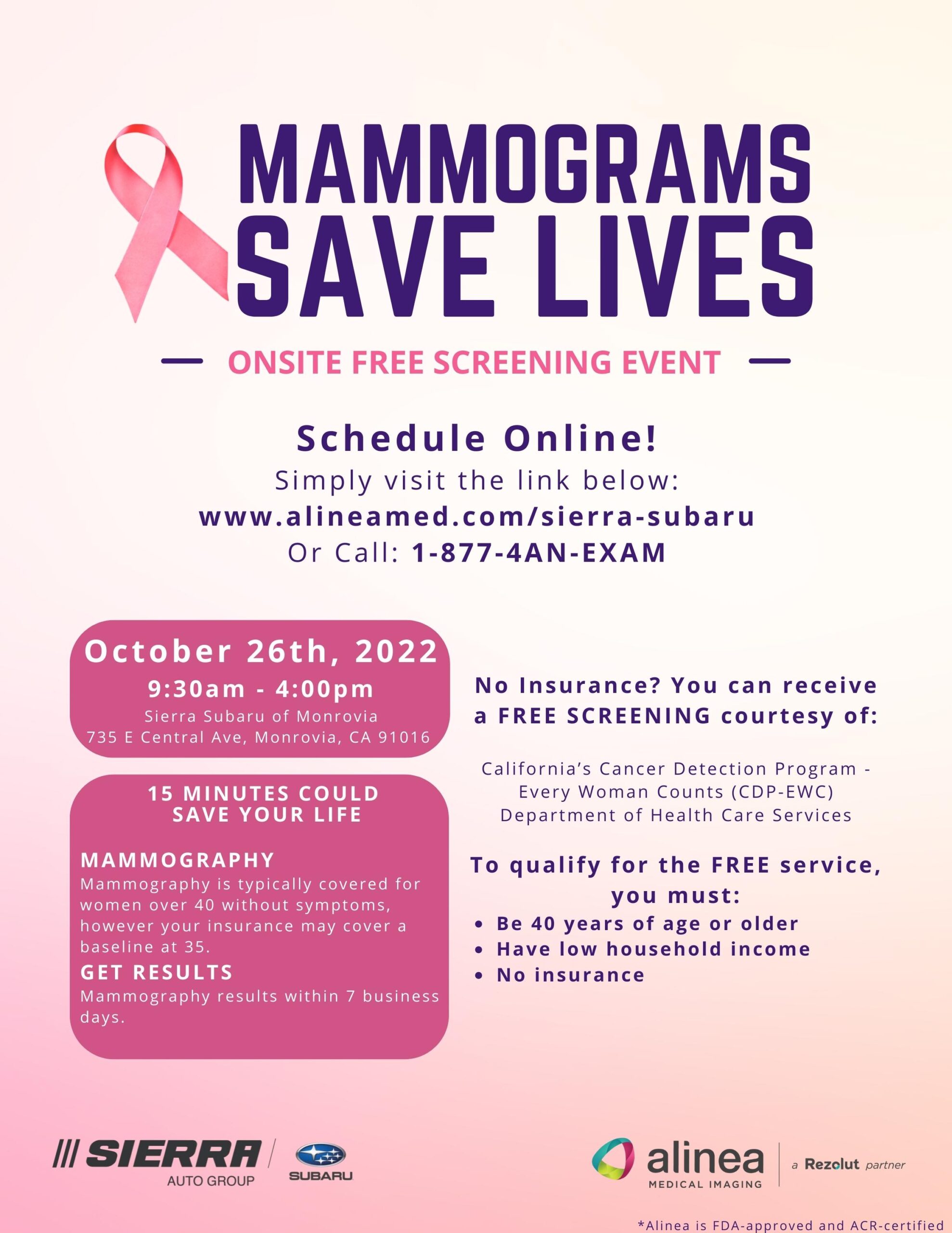 pink mammograms save lives event info from Sierra Subaru