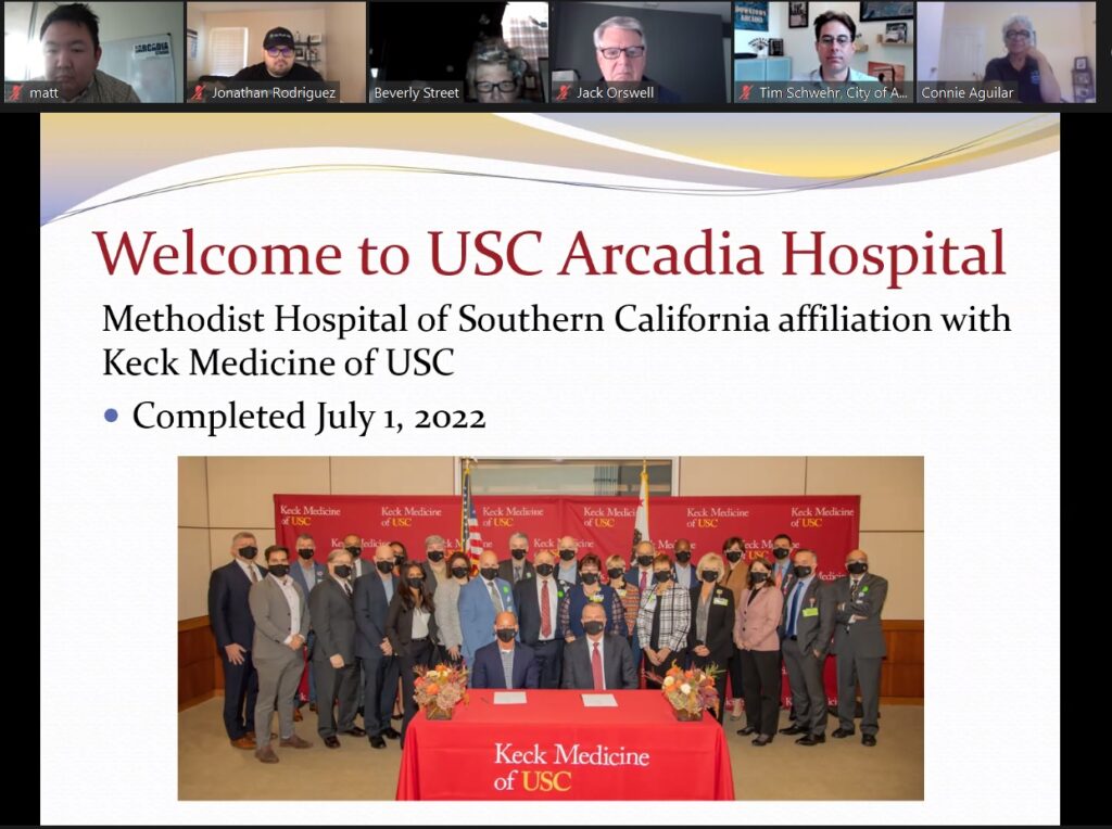 a zoom screenshot of a group of people under the heading Welcome to USC Arcadia Hospital