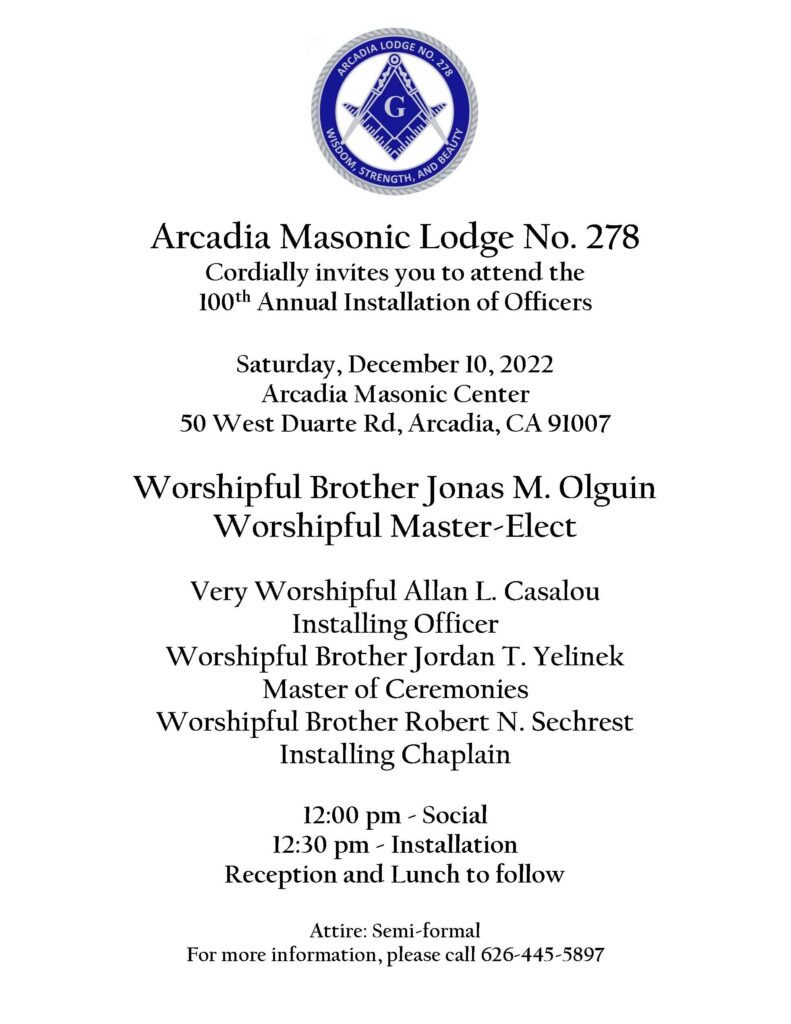 Arcadia Masonic Lodge installation event information