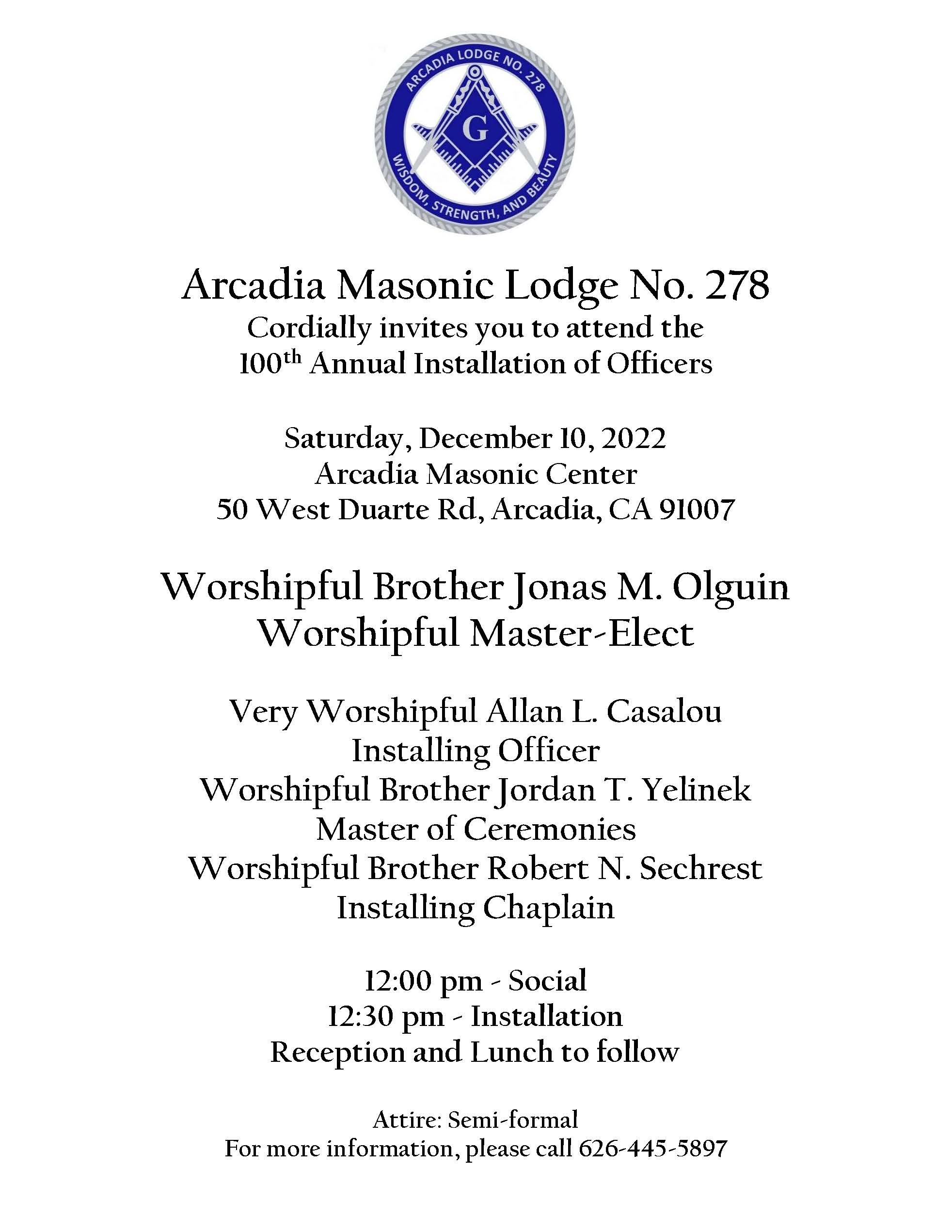 Arcadia Masonic Lodge installation event information 