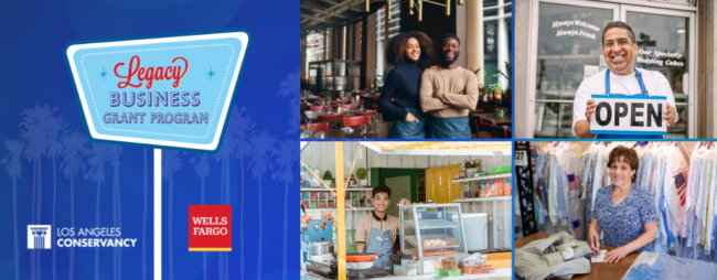 LA Legacy Business Grant program header with sign and business owners featured