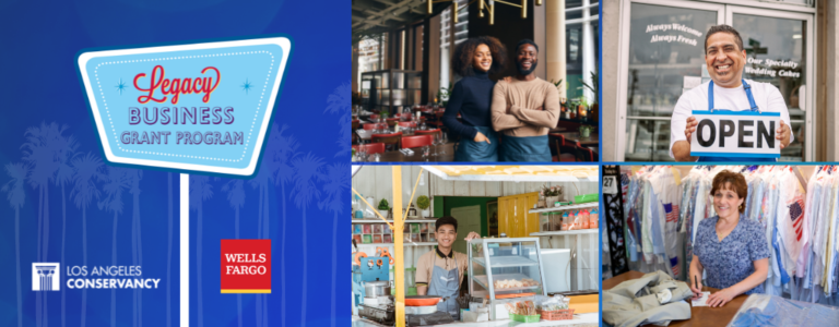 LA Legacy Business Grant program header with sign and business owners featured