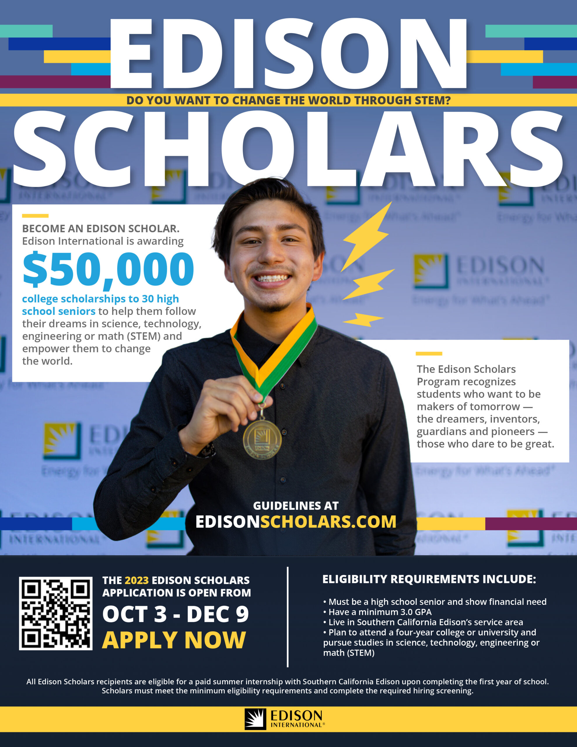 Edison Scholars program flyer showing young man wearing medal 