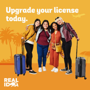 Real ID flyer in yellow showing a group of people with luggage 