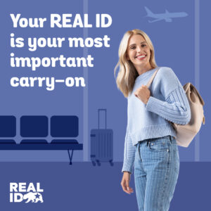 a Real ID flyer with a woman carrying a purse 