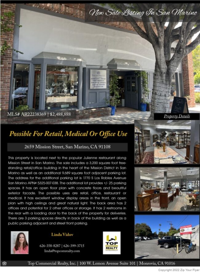 2659 Mission Ad San Marino commercial property available from Linda Vidov realty