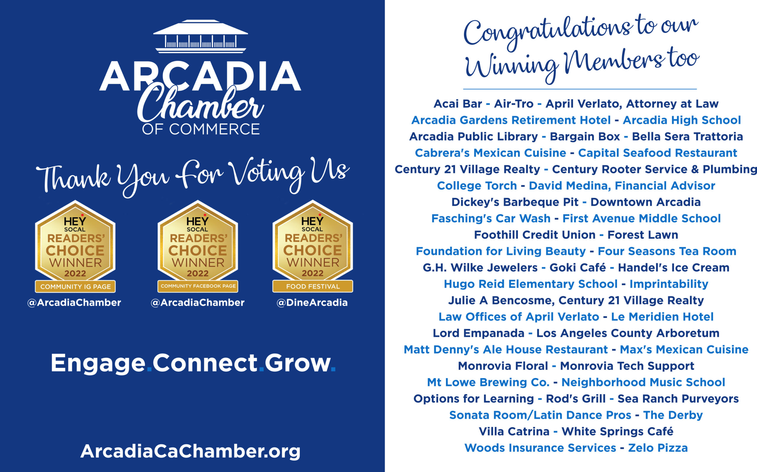 Arcadia Chamber logo above Readers Choice award logos listing winners names 