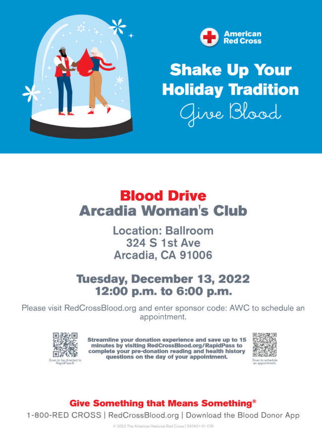 Woman's Club Blood Drive with American Red Cross for December 13