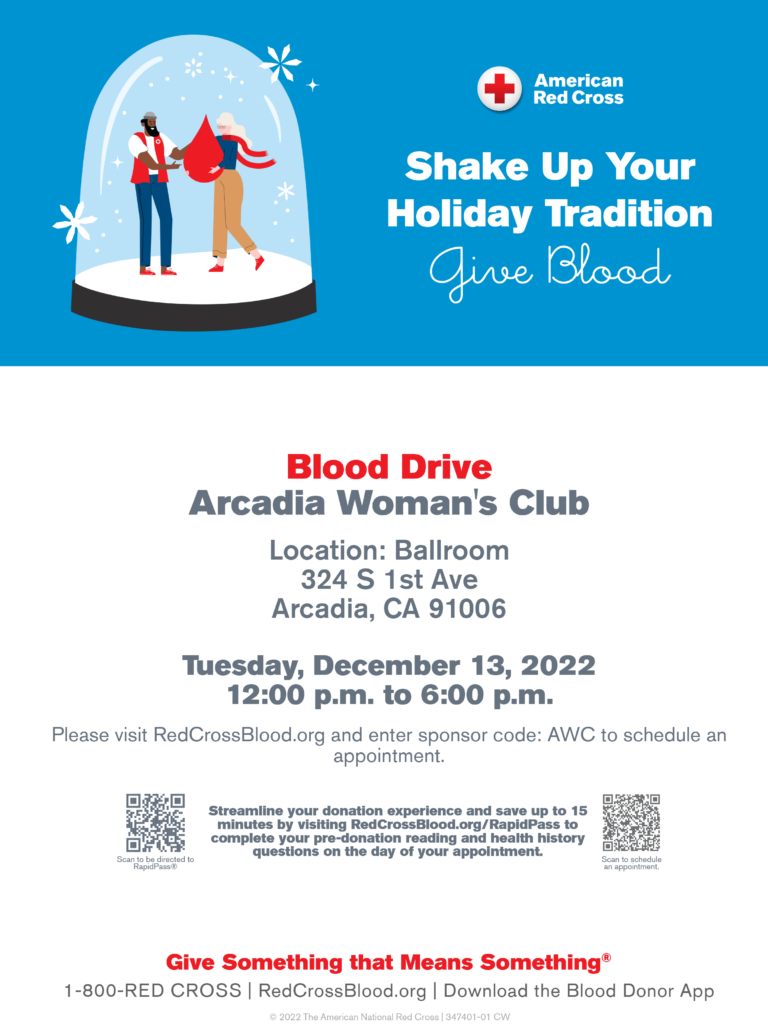 Woman's Club Blood Drive with American Red Cross for December 13