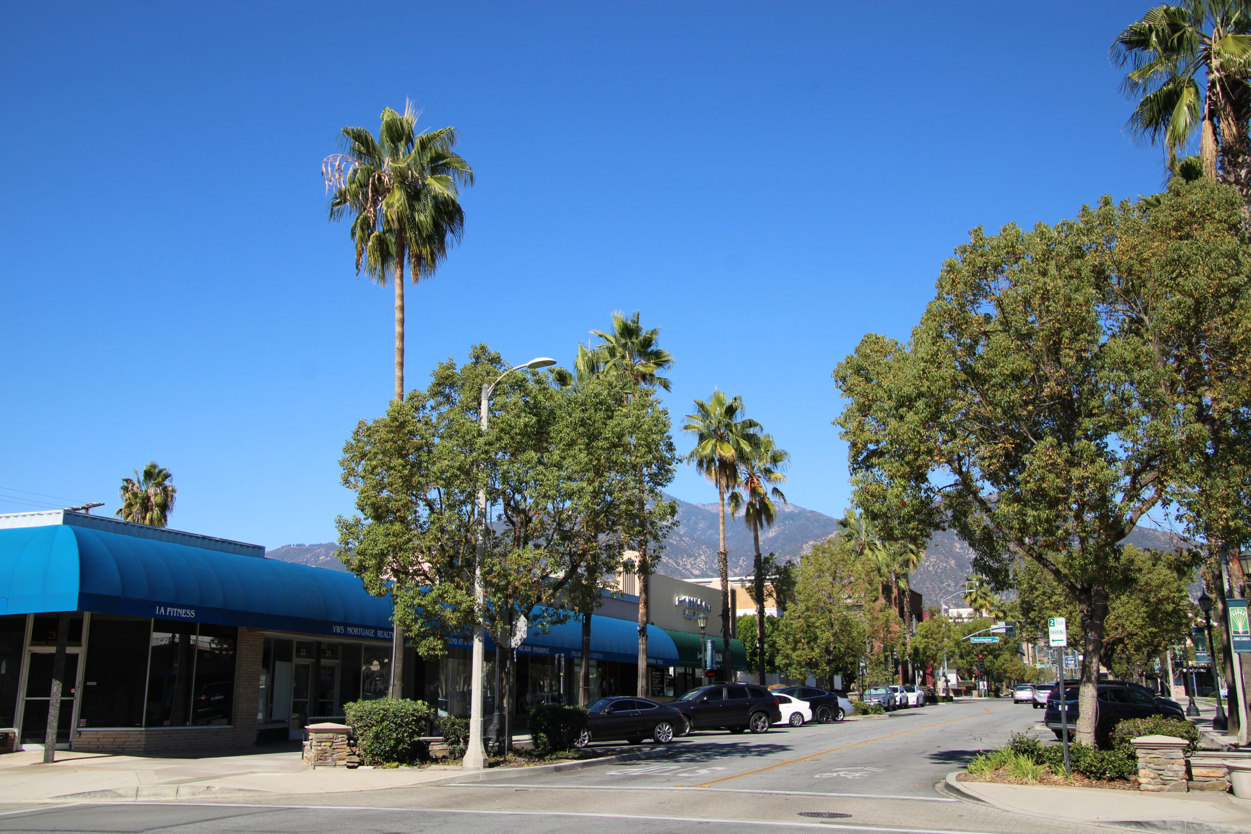 a street scene showing buildings and trees with mountains in the background