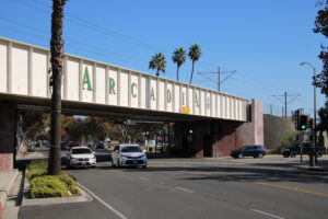 Arcadia signage on train overpass