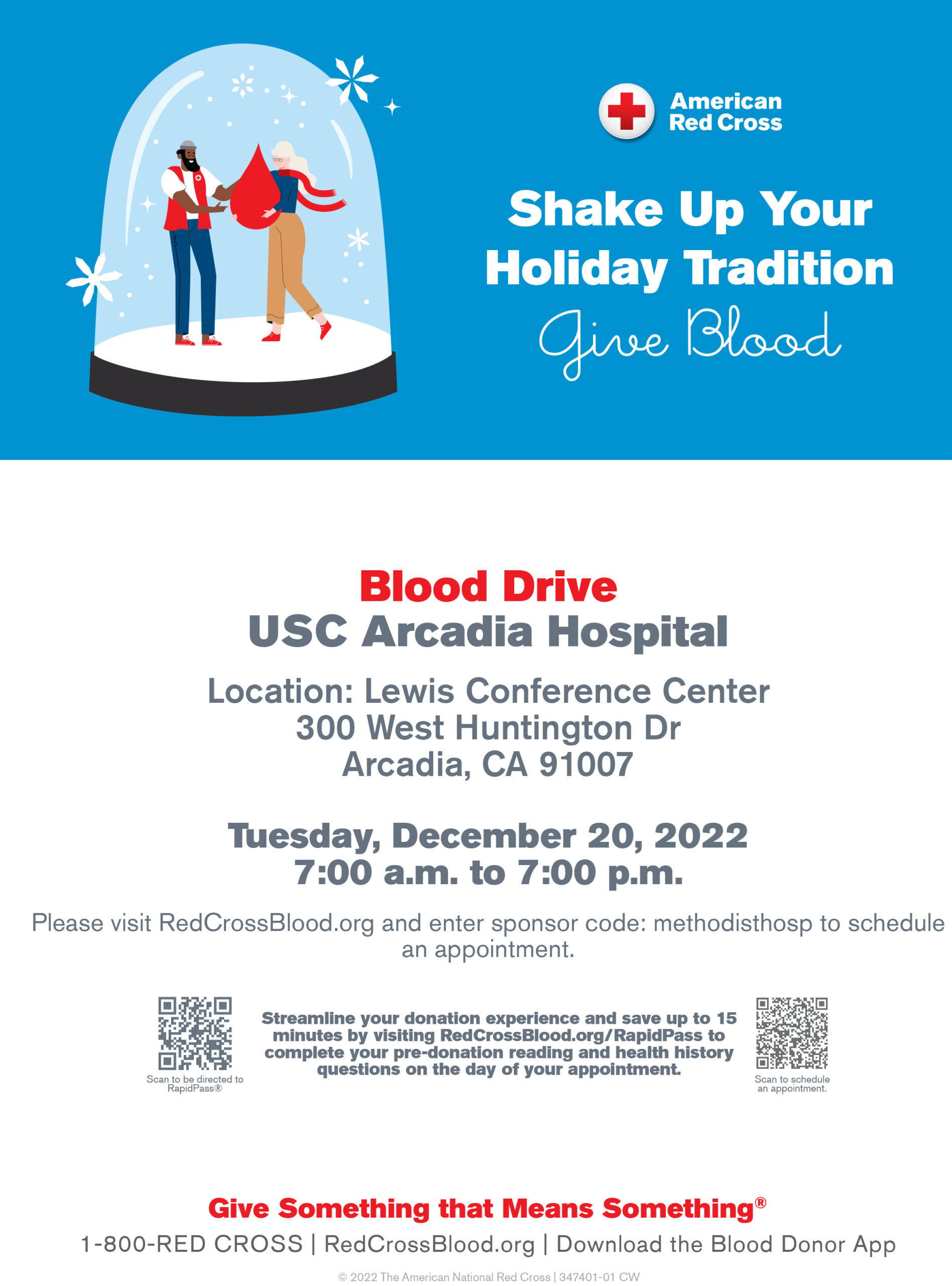 USC Arcadia Hospital blood drive with Red Cross flyer for Dec 20