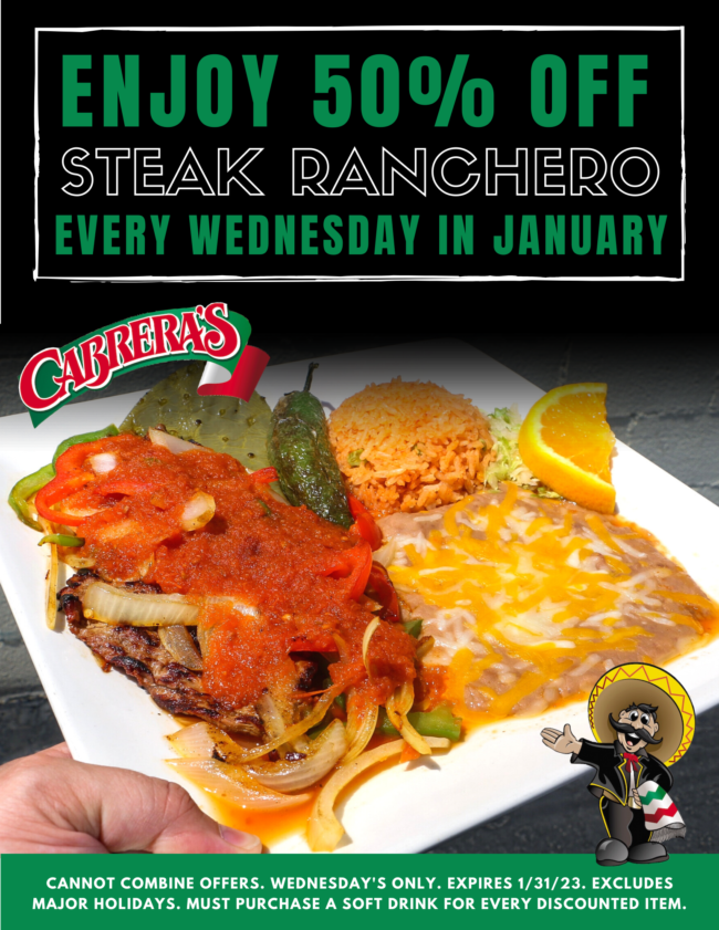 January steak ranchero deal from Cabrera's