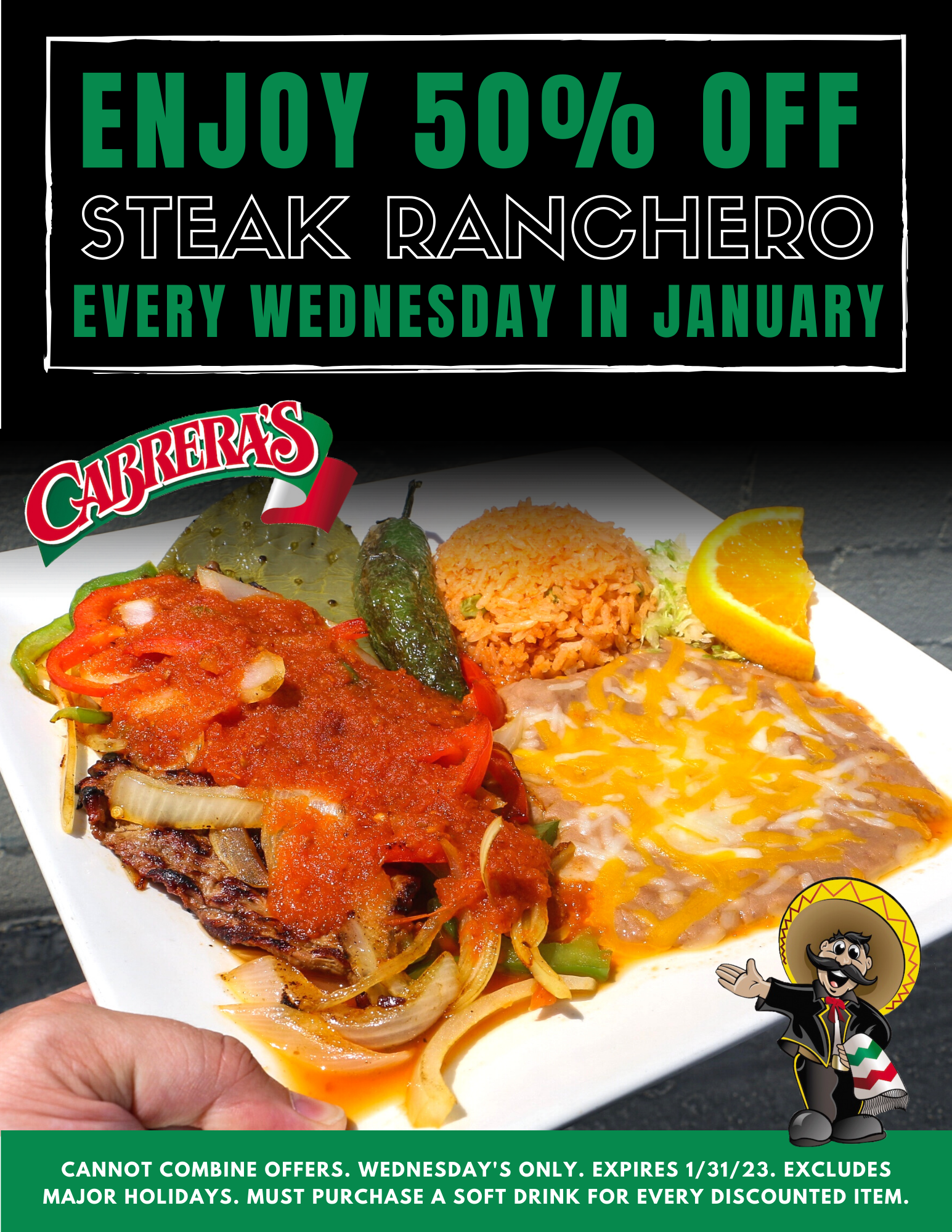 January steak ranchero deal from Cabrera's 