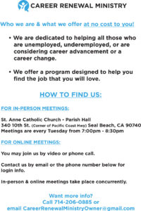 Career Renewal Ministry information flyer 