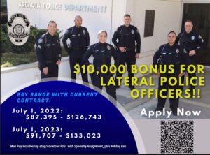 signing bonus flyer of information for Arcadia Police Department 
