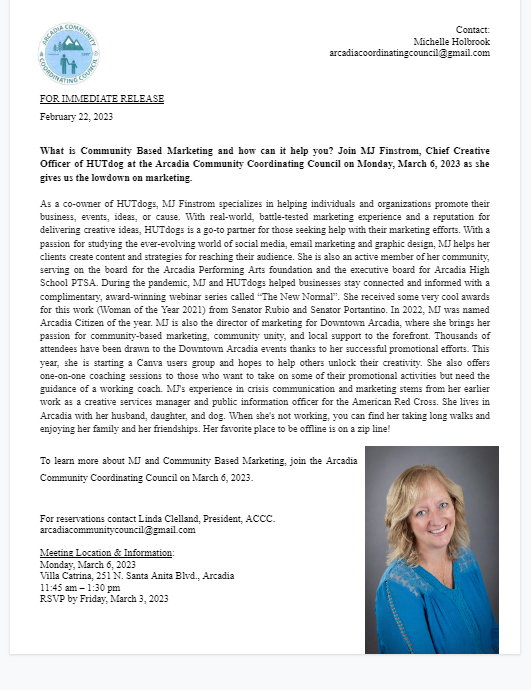 Arcadia-Coodinating-Council-meeting-March article for Arcadia Community Coordinating Council meeting for March featuring MJ Finstrom