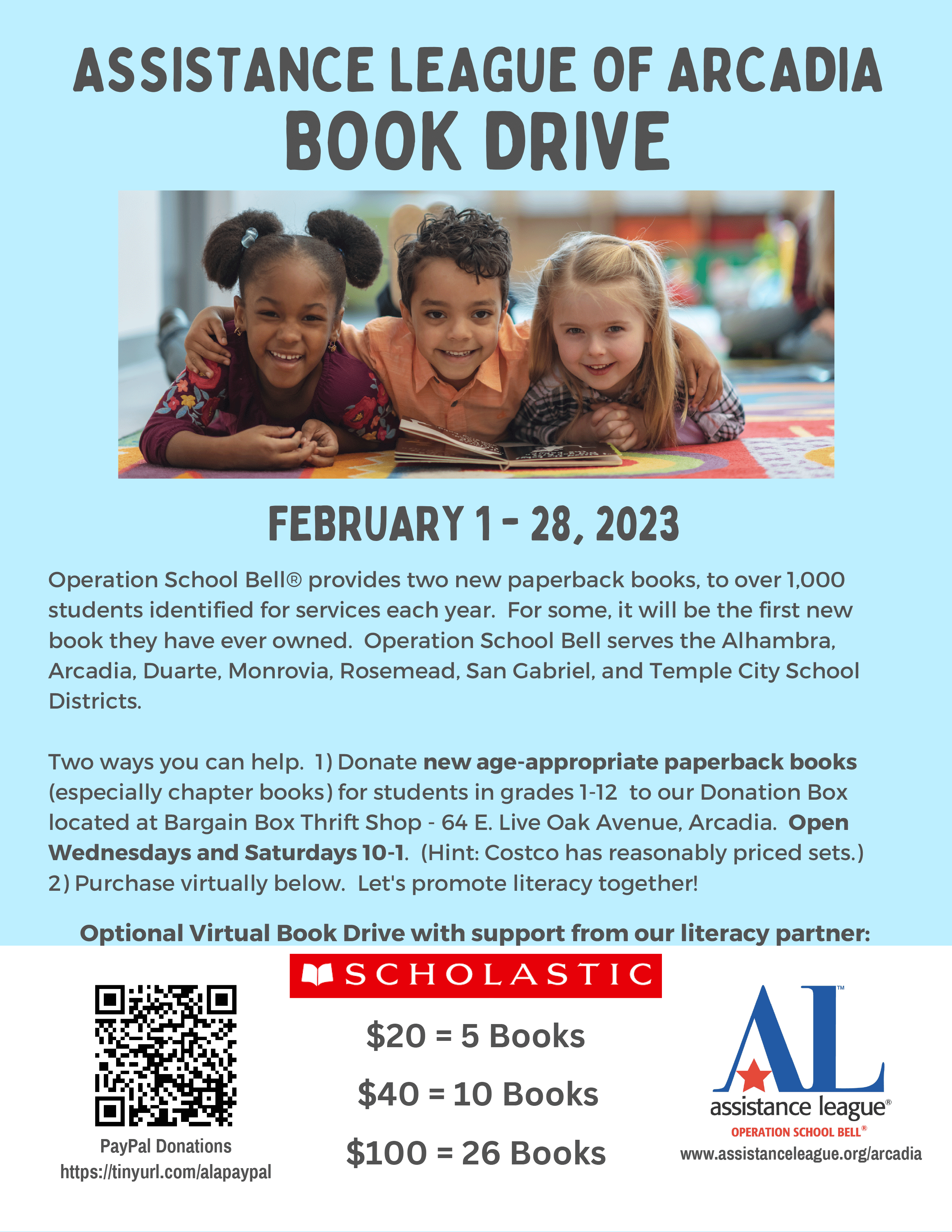 Assistance League of Arcadia book drive for February 