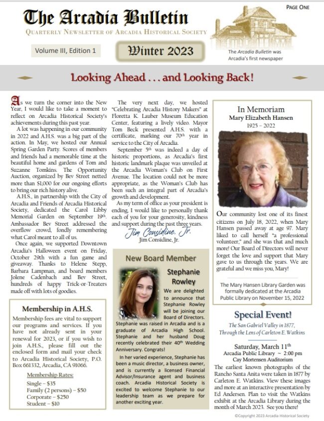Arcadia Historical Society Winter Bulletin with articles