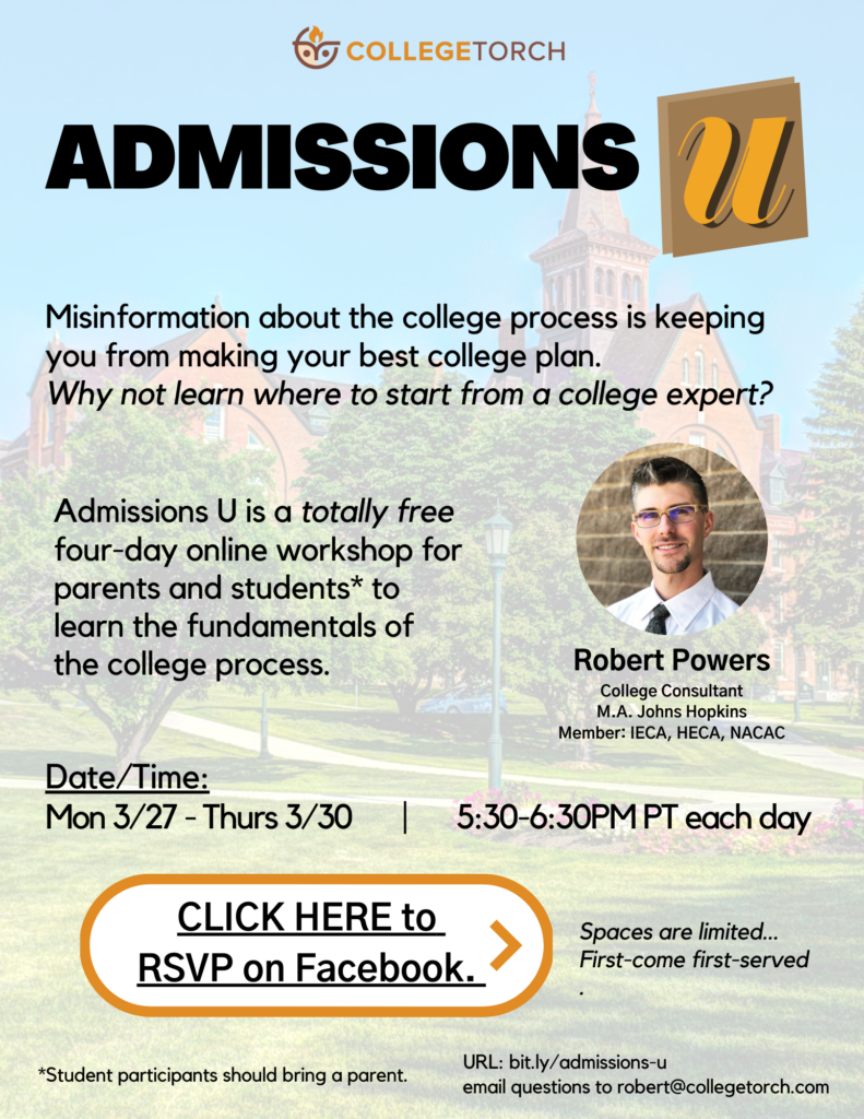 College Torch admissions U workshop flyer for March 27