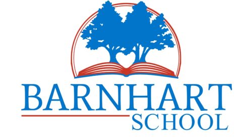 Barnhart School logo with trees and book