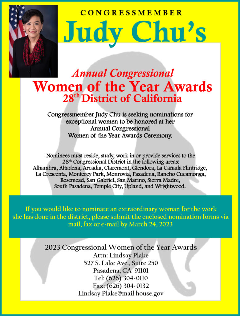 Congresswoman Judy Chu's woman of the year awards nomination information