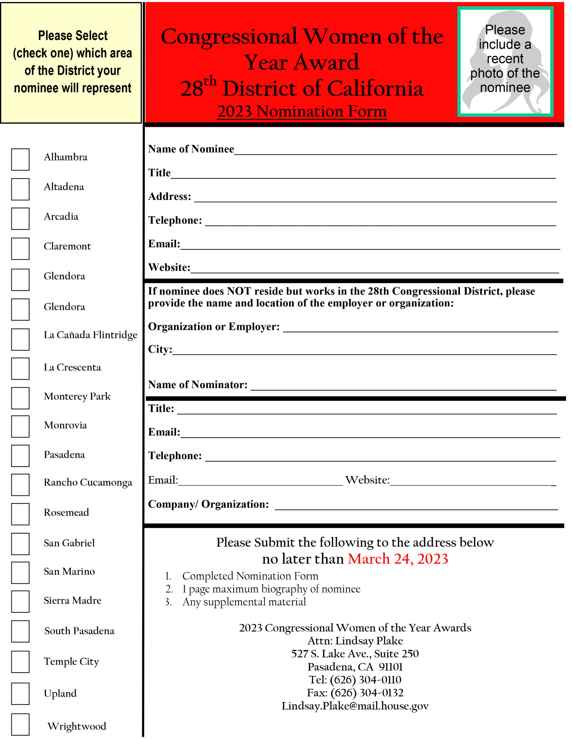 Congresswoman Judy Chu's woman of the year awards nomination form 