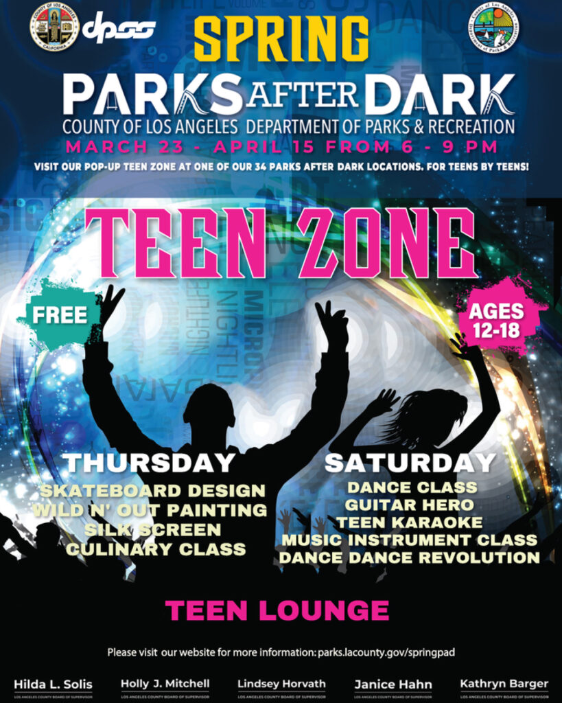 LA County Parks after dark teen zone flyer in English information