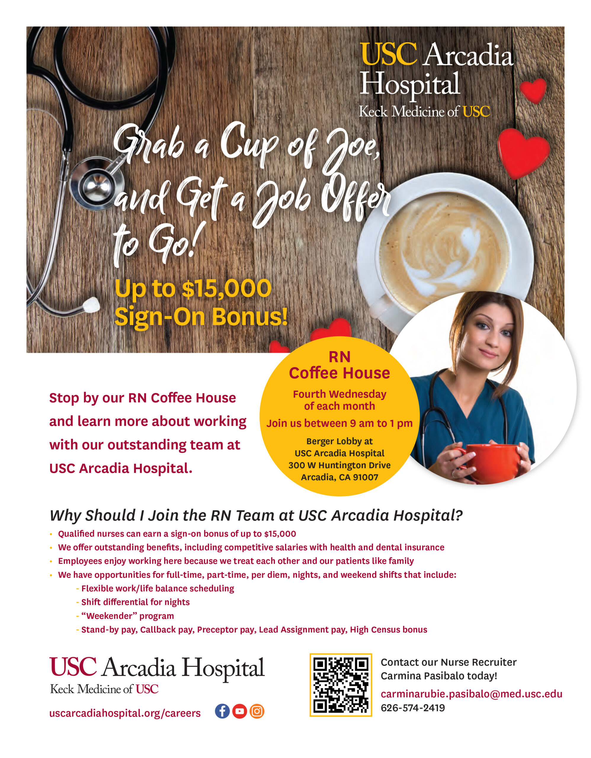 USC Arcadia Hospital RN Coffee House Job Opportunity flyer 