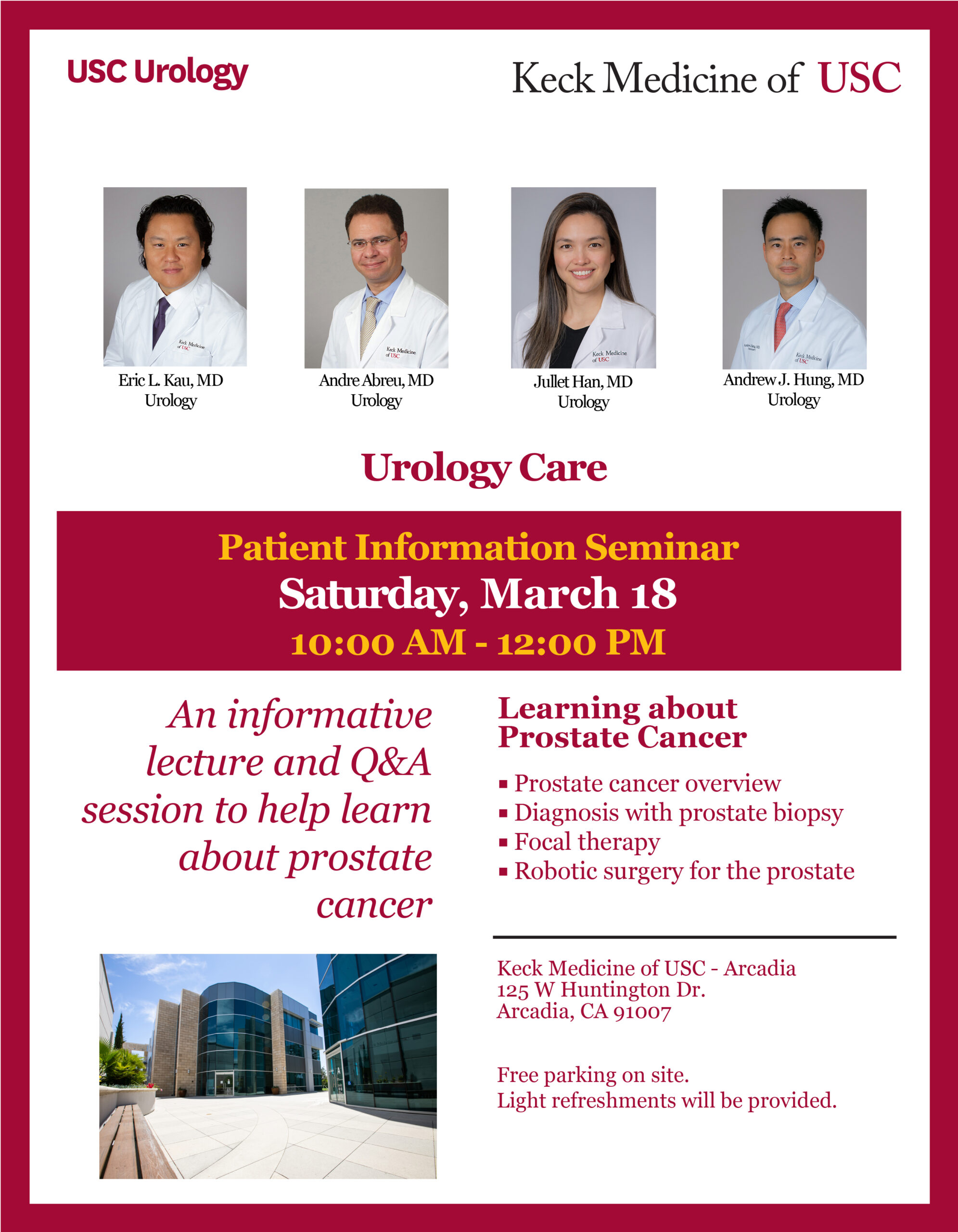 USC Arcadia Hospital Urology seminar for March 18

