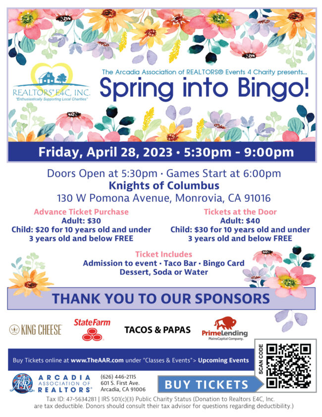 AAR spring bingo event flyer for April 28th 2023