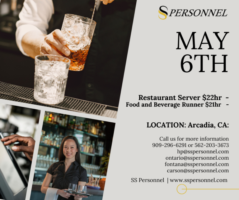 SS Personnel positions available for bartender and restaurant runner