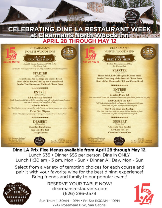 NW_SG-dine-la-April-2023-flyer Clearman's North Woods Inn Dine LA Prex fixe menu